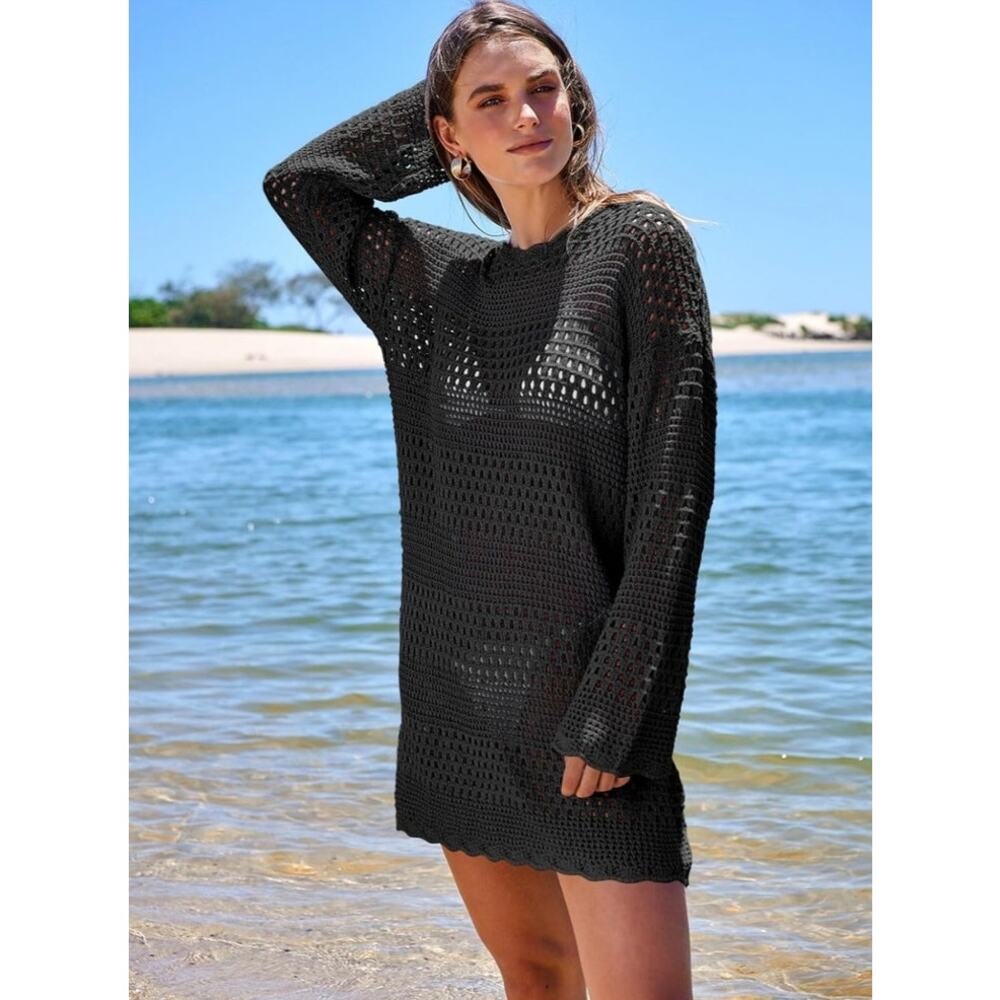Prinbara Crochet Cover Up Women SZ S Black Long Sleeve Mesh Knit Beach Dress S4 - Picture 4 of 8